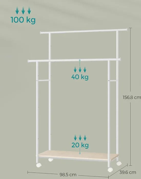 FurnStar - Kapstok - Kapstokken -Kledinghangers - Dubbele Kapstok Met Zwenkwielen En Plank - ‎39.6 x 98.5 x 156.8 cm - Wit
