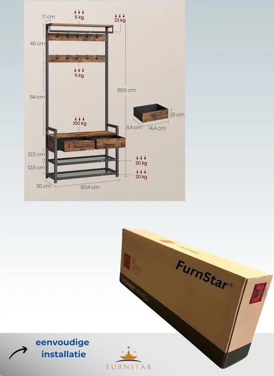 FurnStar - Kapstok met schoenenbank - garderobe - schoenenopslag - 2 laden van stof - 10 haken - 6 zijhaken - 30 x 80 -4 x 181 -6 cm - vintage bruin-inktzwart