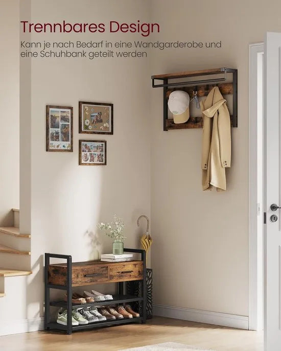 FurnStar - Kapstok met schoenenbank - garderobe - schoenenopslag - 2 laden van stof - 10 haken - 6 zijhaken - 30 x 80 -4 x 181 -6 cm - vintage bruin-inktzwart