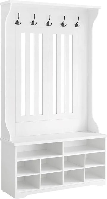 FurnStar - Kapstok met schoenenbank - garderobe - schoenenopslag - 5 drievoudige haken - vrijstaand - ruimtebesparend - voor entree - hal - verstelbare planken - wolkenwit