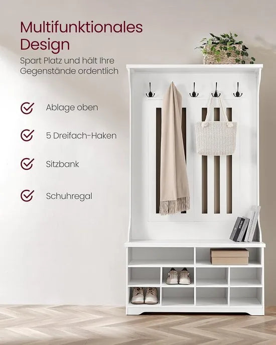 FurnStar - Kapstok met schoenenbank - garderobe - schoenenopslag - 5 drievoudige haken - vrijstaand - ruimtebesparend - voor entree - hal - verstelbare planken - wolkenwit