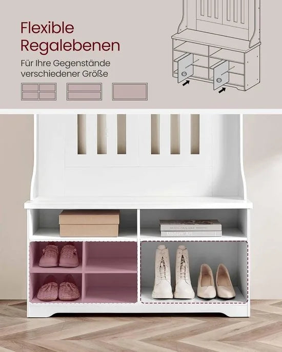 FurnStar - Kapstok met schoenenbank - garderobe - schoenenopslag - 5 drievoudige haken - vrijstaand - ruimtebesparend - voor entree - hal - verstelbare planken - wolkenwit