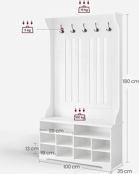 FurnStar - Kapstok met schoenenbank - garderobe - schoenenopslag - 5 drievoudige haken - vrijstaand - ruimtebesparend - voor entree - hal - verstelbare planken - wolkenwit