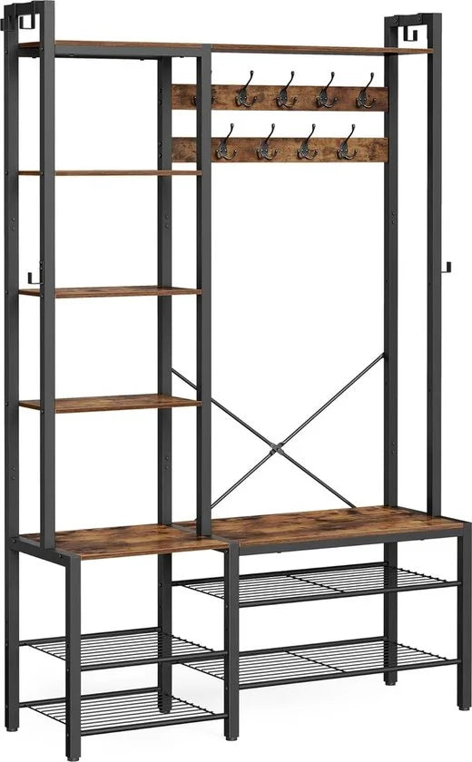 FurnStar Kapstok met Schoenenbank – Garderoberek met 5 Planken en 15 Haken – 9 Drievoudige & 6 Zijhaken – 40 x 120 x 190 cm – Vintage Bruin & Inktzwart