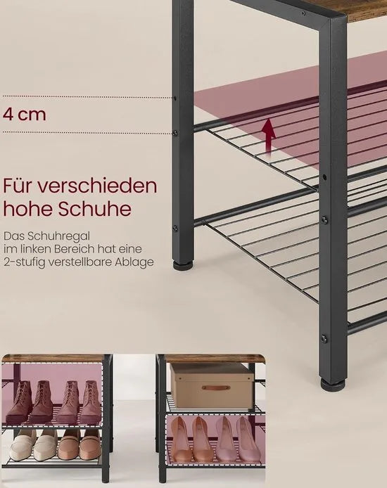 FurnStar Kapstok met Schoenenbank – Garderoberek met 5 Planken en 15 Haken – 9 Drievoudige & 6 Zijhaken – 40 x 120 x 190 cm – Vintage Bruin & Inktzwart