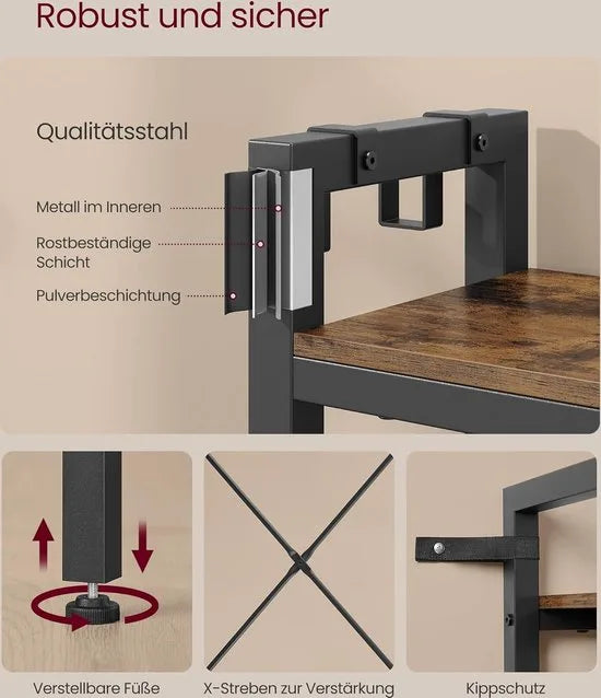 FurnStar Kapstok met Schoenenbank – Garderoberek met 5 Planken en 15 Haken – 9 Drievoudige & 6 Zijhaken – 40 x 120 x 190 cm – Vintage Bruin & Inktzwart