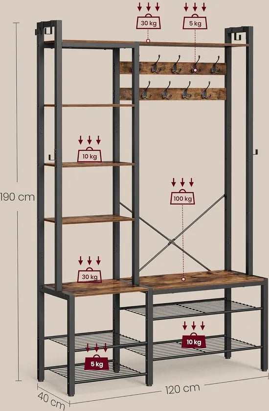 FurnStar Kapstok met Schoenenbank – Garderoberek met 5 Planken en 15 Haken – 9 Drievoudige & 6 Zijhaken – 40 x 120 x 190 cm – Vintage Bruin & Inktzwart