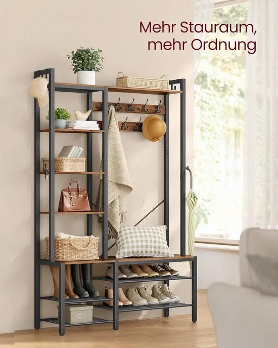 FurnStar Kapstok met Schoenenbank – Garderoberek met 5 Planken en 15 Haken – 9 Drievoudige & 6 Zijhaken – 40 x 120 x 190 cm – Vintage Bruin & Inktzwart