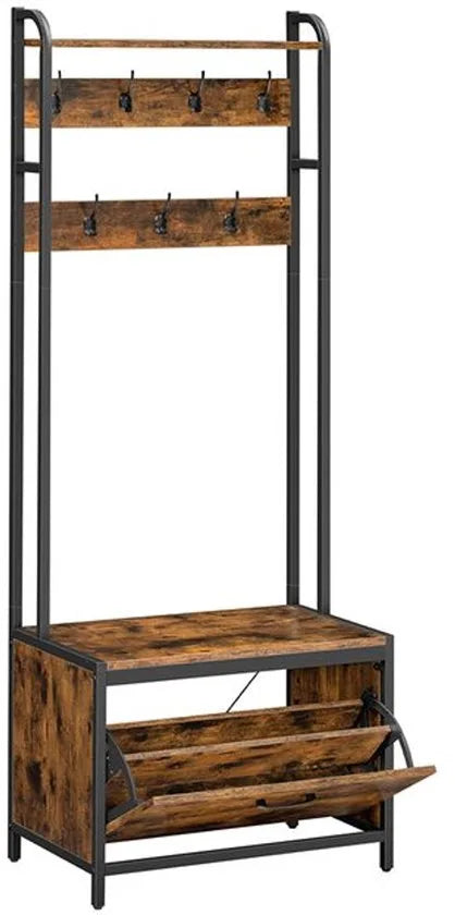FurnStar - Kapstok Met Schoenenkast - Kapstok Met Zitbank - Kledingstandaard - Schoenenkast - Plank Aan De Bovenkant - 40 x 65 x 170 - Vintage - Bruin-Zwart