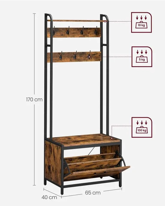 FurnStar - Kapstok Met Schoenenkast - Kapstok Met Zitbank - Kledingstandaard - Schoenenkast - Plank Aan De Bovenkant - 40 x 65 x 170 - Vintage - Bruin-Zwart