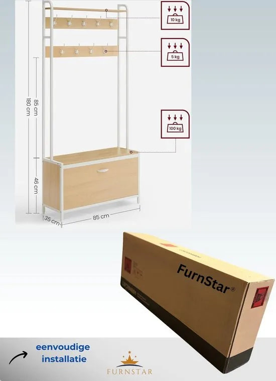 FurnStar - Kapstok met schoenenopberger - halboom met bank - 9 haken en bovenste plank - voor hal - slaapkamer - industriële stijl - rustiek bruin en zwart