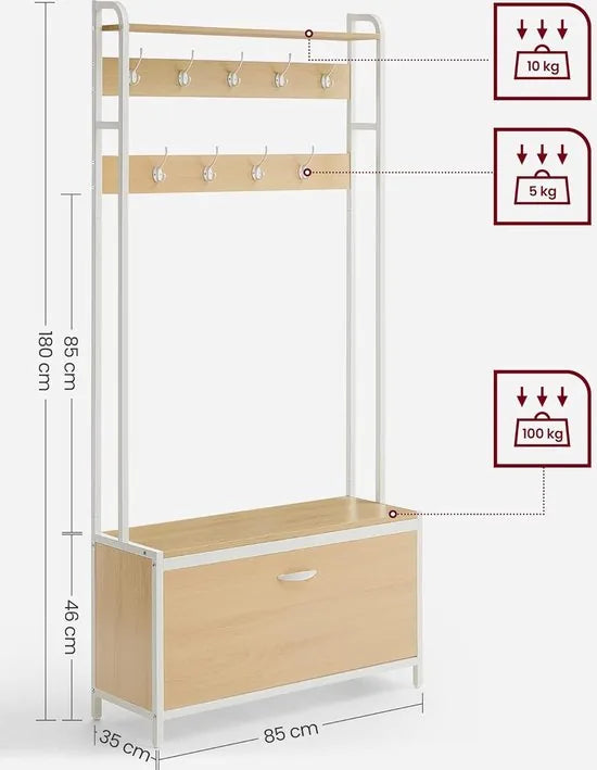 FurnStar - Kapstok met schoenenopberger - halboom met bank - 9 haken en bovenste plank - voor hal - slaapkamer - industriële stijl - rustiek bruin en zwart