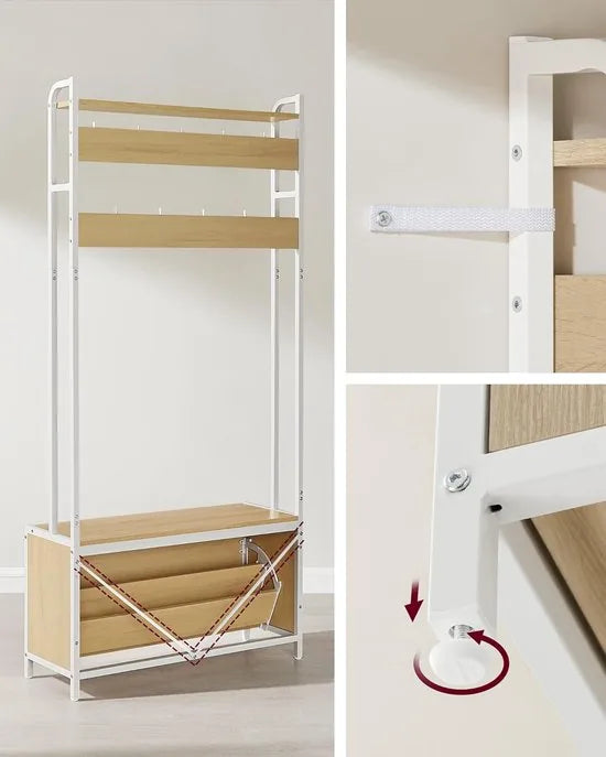 FurnStar - Kapstok met schoenenopberger - halboom met bank - 9 haken en bovenste plank - voor hal - slaapkamer - industriële stijl - rustiek bruin en zwart