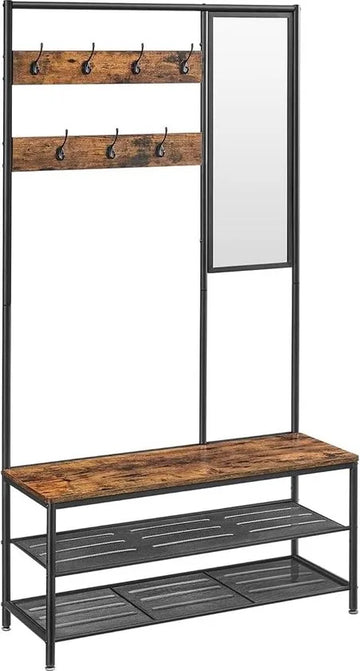 FurnStar - Kapstok met schoenenopberger - kapstok voor gang met spiegel - haken - bank en schoenenplanken - 35 x 98 x 180 cm - hal slaapkamer entree - industrieel - Rustic Brown+black