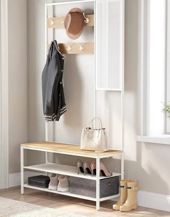 FurnStar - Kapstok met schoenenopberger - Kapstok voor gang met spiegel - Haken - Bank en schoenenplanken - 35 x 98 x 180 cm - Hal - slaapkamer - Entree - Industrieel - Eiken Kleur+wit
