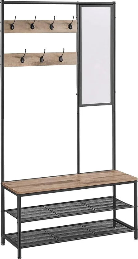 FurnStar - Kapstok met schoenenopberger - Kapstok voor gang met spiegel - Haken - Bank en schoenenplanken - 35 x 98 x 180 cm - Hal - Slaapkamer entree - Industrieel - Kameelbruin en Inktzwart