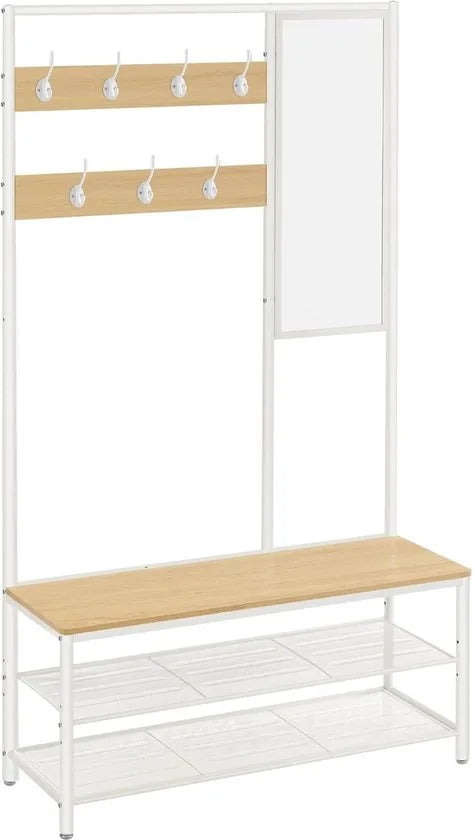 FurnStar - Kapstok met schoenenopberger - Kapstok voor gang met spiegel - Haken - Bank en schoenenplanken - 35 x 98 x 180 cm - Hal - slaapkamer - Entree - Industrieel - Eiken Kleur+wit
