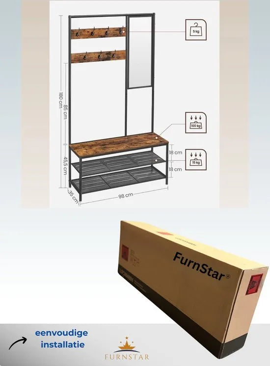 FurnStar - Kapstok met schoenenopberger - kapstok voor gang met spiegel - haken - bank en schoenenplanken - 35 x 98 x 180 cm - hal slaapkamer entree - industrieel - Rustic Brown+black