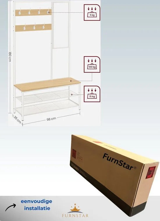 FurnStar - Kapstok met schoenenopberger - Kapstok voor gang met spiegel - Haken - Bank en schoenenplanken - 35 x 98 x 180 cm - Hal - slaapkamer - Entree - Industrieel - Eiken Kleur+wit