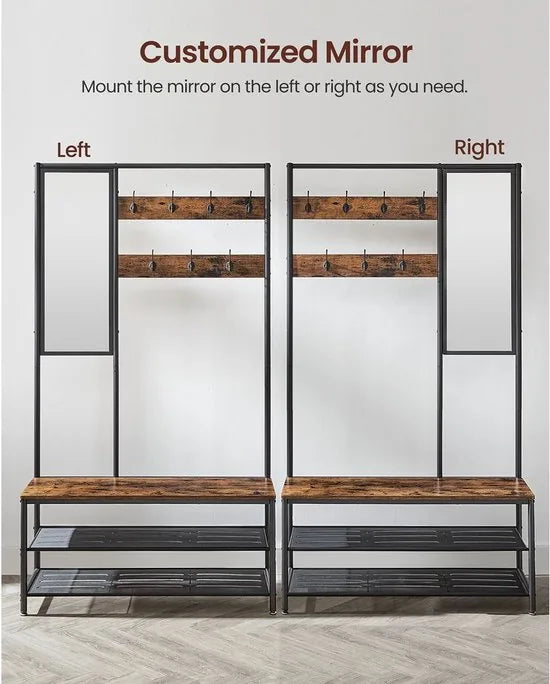 FurnStar - Kapstok met schoenenopberger - kapstok voor gang met spiegel - haken - bank en schoenenplanken - 35 x 98 x 180 cm - hal slaapkamer entree - industrieel - Rustic Brown+black
