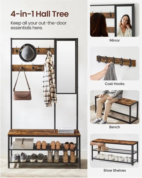 FurnStar - Kapstok met schoenenopberger - kapstok voor gang met spiegel - haken - bank en schoenenplanken - 35 x 98 x 180 cm - hal slaapkamer entree - industrieel - Rustic Brown+black
