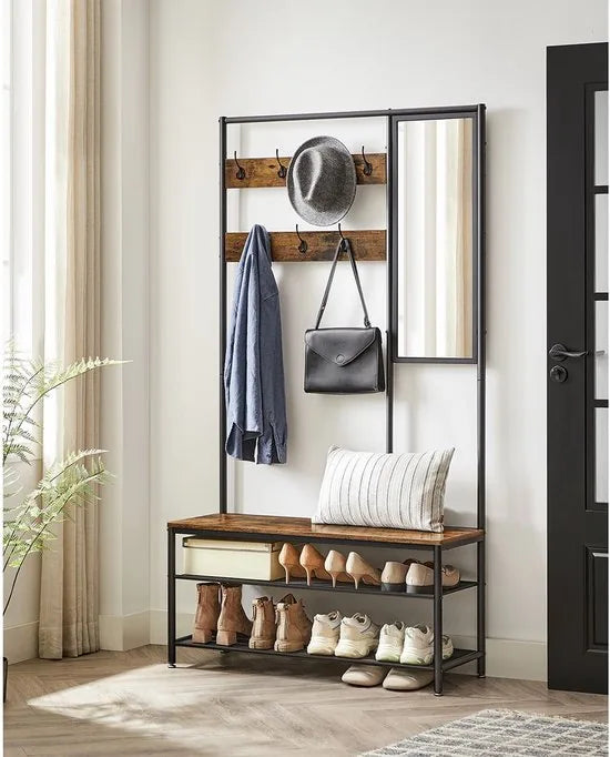 FurnStar - Kapstok met schoenenopberger - kapstok voor gang met spiegel - haken - bank en schoenenplanken - 35 x 98 x 180 cm - hal slaapkamer entree - industrieel - Rustic Brown+black