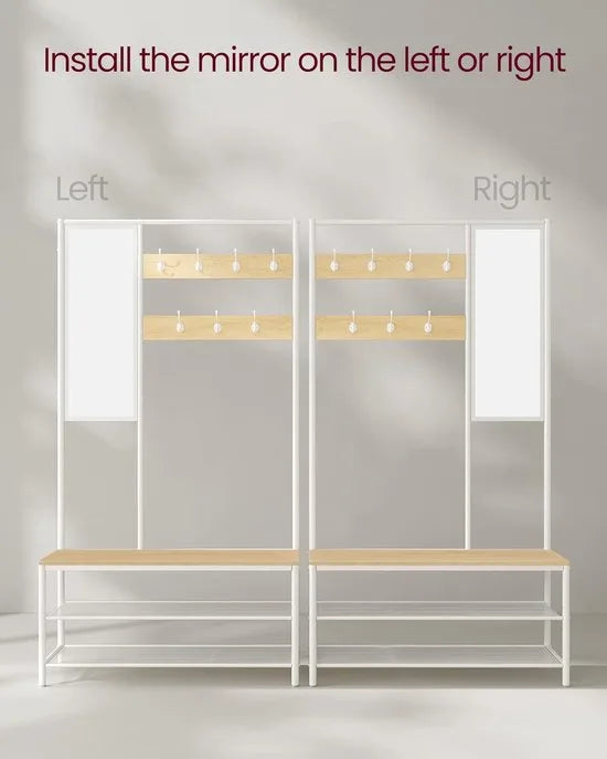 FurnStar - Kapstok met schoenenopberger - Kapstok voor gang met spiegel - Haken - Bank en schoenenplanken - 35 x 98 x 180 cm - Hal - slaapkamer - Entree - Industrieel - Eiken Kleur+wit