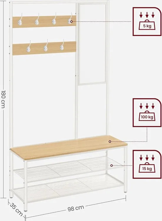 FurnStar - Kapstok met schoenenopberger - Kapstok voor gang met spiegel - Haken - Bank en schoenenplanken - 35 x 98 x 180 cm - Hal - slaapkamer - Entree - Industrieel - Eiken Kleur+wit