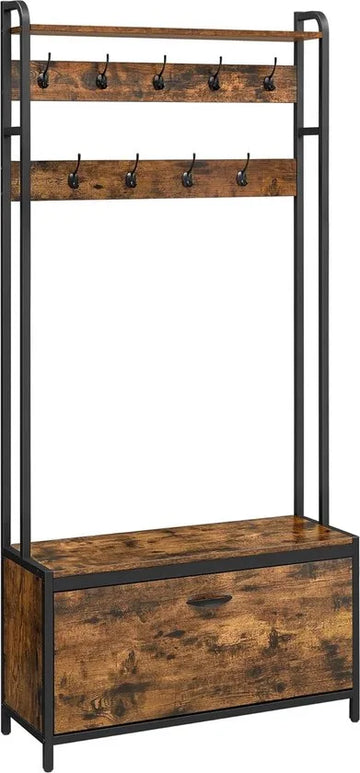 FurnStar - Kapstok met schoenenopberger - Met bank - 9 haken en bovenste plank - Voor hal - Slaapkamer - Industriële stijl - Rustiek bruin en Zwart