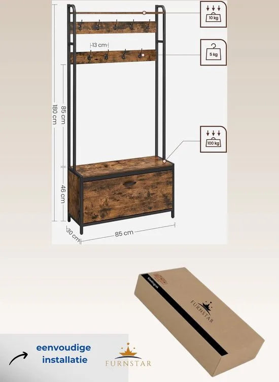 FurnStar - Kapstok met schoenenopberger - Met bank - 9 haken en bovenste plank - Voor hal - Slaapkamer - Industriële stijl - Rustiek bruin en Zwart
