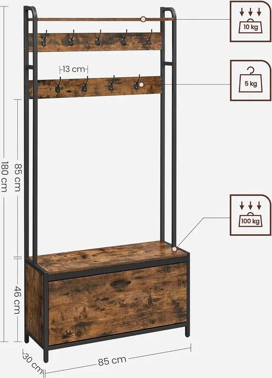 FurnStar - Kapstok met schoenenopberger - Met bank - 9 haken en bovenste plank - Voor hal - Slaapkamer - Industriële stijl - Rustiek bruin en Zwart