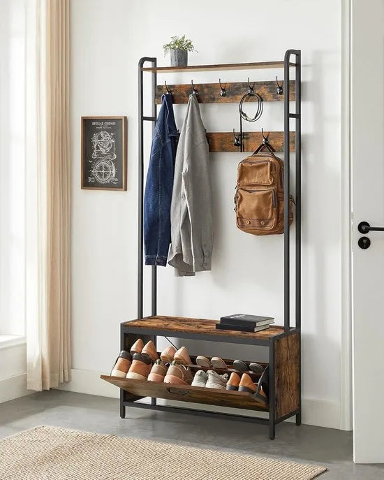 FurnStar - Kapstok met schoenenopberger - Met bank - 9 haken en bovenste plank - Voor hal - Slaapkamer - Industriële stijl - Rustiek bruin en Zwart