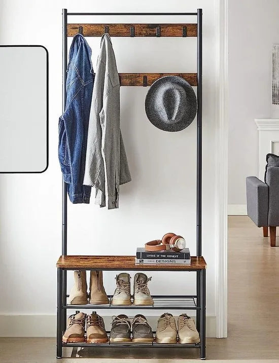 Furnstar - Kapstok met schoenenrek - 70x32.5x175 cm - Bruin - Zwart