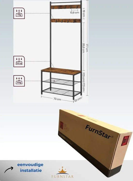 Furnstar - Kapstok met schoenenrek - 70x32.5x175 cm - Bruin - Zwart