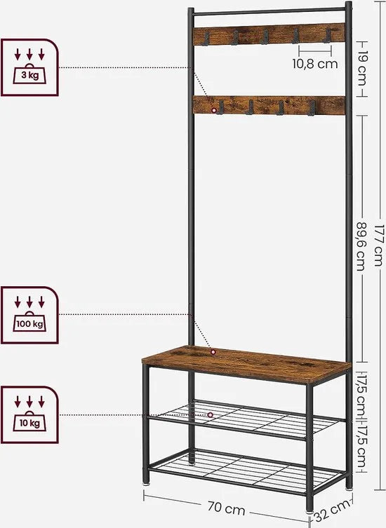 Furnstar - Kapstok met schoenenrek - 70x32.5x175 cm - Bruin - Zwart