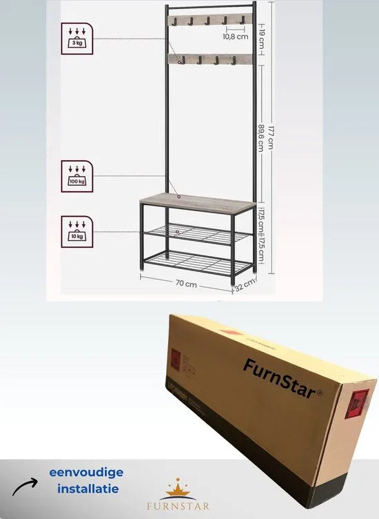 Furnstar - Kapstok met schoenenrek - 70x32.5x175cm - Grijs - Zwart