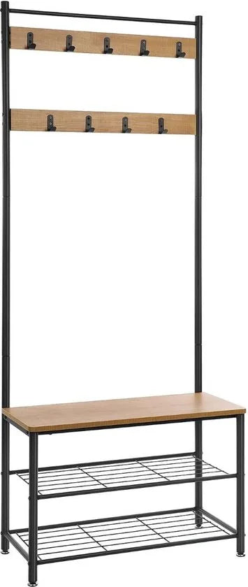 FurnStar - Kapstok met schoenenrek - Garderobe in industriële stijl - Bankje - Haken - Schoenenrek - Robuust metalen frame - 175x70x32.5cm - Licht Bruin