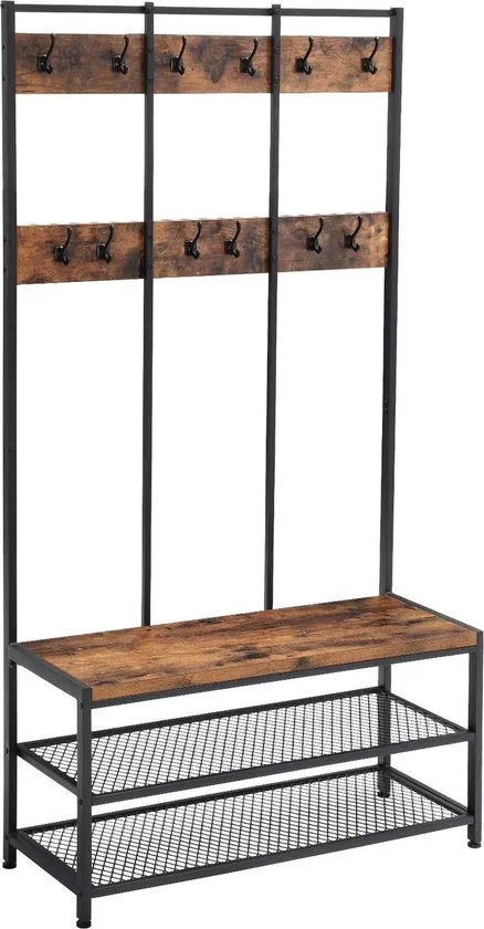 FurnStar - Kapstok met schoenenrek - Garderobe in industriële stijl - Bankje - Haken - Schoenenrek - Robuust metalen frame - 100x40x184 cm - Zwart-bruin