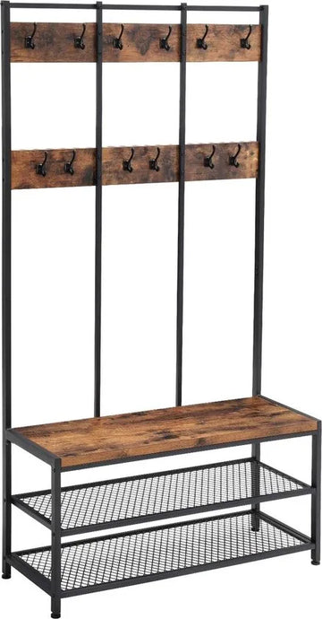 FurnStar - Kapstok met schoenenrek - Garderobe in industriële stijl - Bankje - Haken - Schoenenrek - Robuust metalen frame - 100x40x184 cm - Zwart-bruin