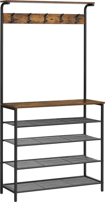 FurnStar - Kapstok met schoenenrek - Garderobe in industriële stijl - Bankje - Haken - Schoenenrek - Robuust metalen frame - 80×32.2×182cm - Bruin