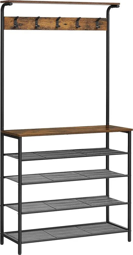 FurnStar - Kapstok met schoenenrek - Garderobe in industriële stijl - Bankje - Haken - Schoenenrek - Robuust metalen frame - 80×32.2×182cm - Bruin