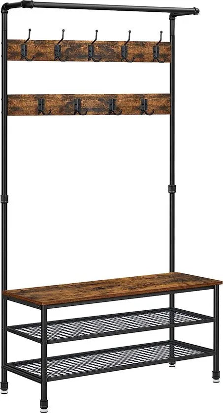 FurnStar - Kapstok met schoenenrek - Garderobe in industriële stijl - Bankje - 9 haken - Schoenenrek - Robuust metalen frame - 97 x 41.5 x 182 cm - Bruin-zwart