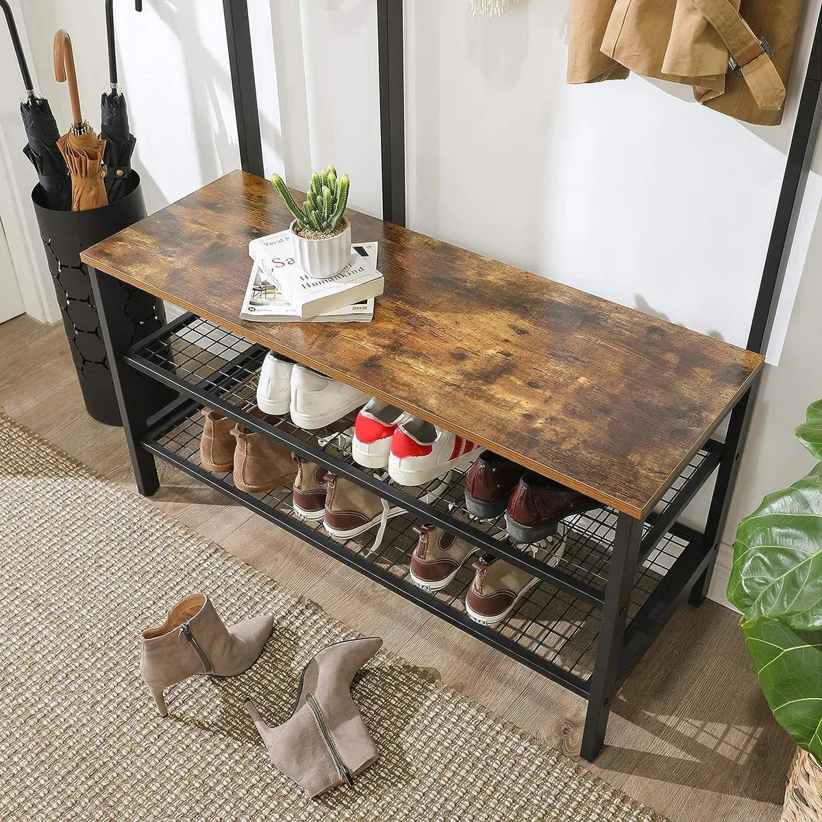 FurnStar - Kapstok met schoenenrek - Garderobe in industriële stijl - Bankje - Haken - Schoenenrek - Robuust metalen frame -97.7x40x185 cm - Bruin