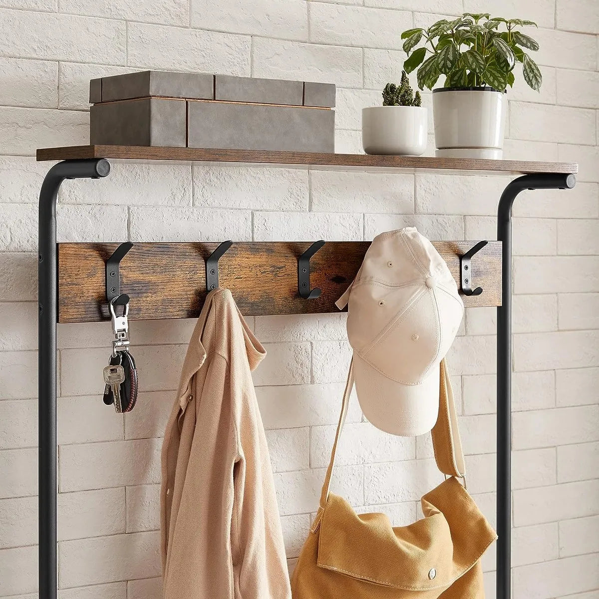 FurnStar - Kapstok met schoenenrek - Garderobe in industriële stijl - Bankje - Haken - Schoenenrek - Robuust metalen frame - 80×32.2×182cm - Bruin