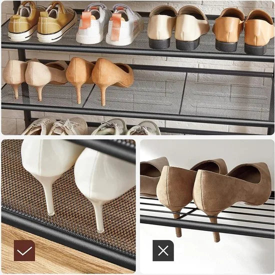 FurnStar - Kapstok met schoenenrek - Garderobe in industriële stijl - Bankje - Haken - Schoenenrek - Robuust metalen frame - 80×32.2×182cm - Bruin