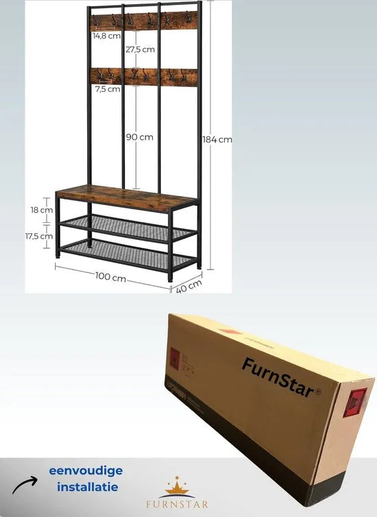 FurnStar - Kapstok met schoenenrek - Garderobe in industriële stijl - Bankje - Haken - Schoenenrek - Robuust metalen frame - 100x40x184 cm - Zwart-bruin
