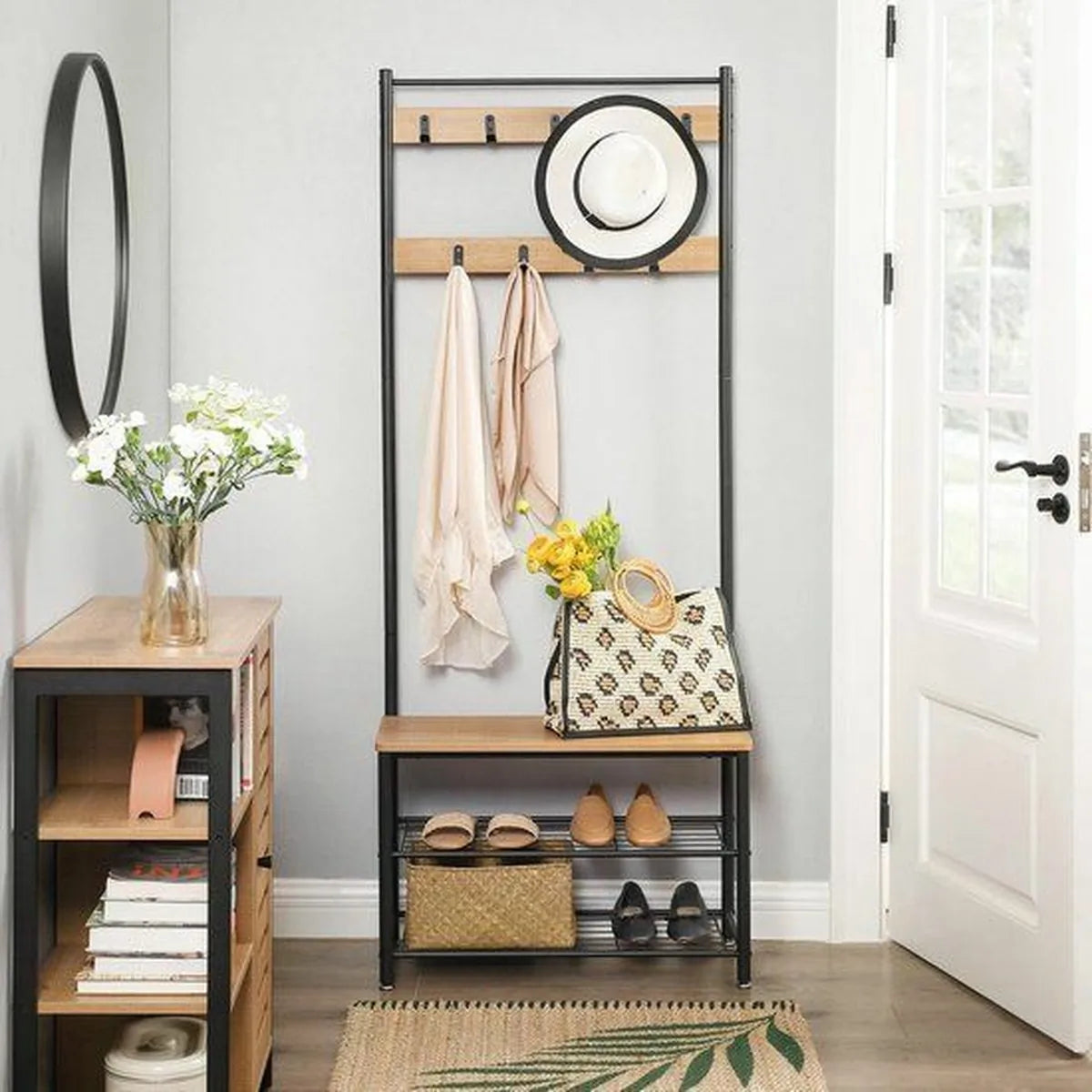 FurnStar - Kapstok met schoenenrek - Garderobe in industriële stijl - Bankje - Haken - Schoenenrek - Robuust metalen frame - 175x70x32.5cm - Licht Bruin