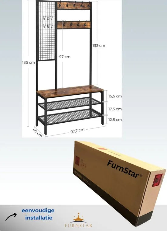 FurnStar - Kapstok met schoenenrek - Garderobe in industriële stijl - Bankje - Haken - Schoenenrek - Robuust metalen frame -97.7x40x185 cm - Bruin