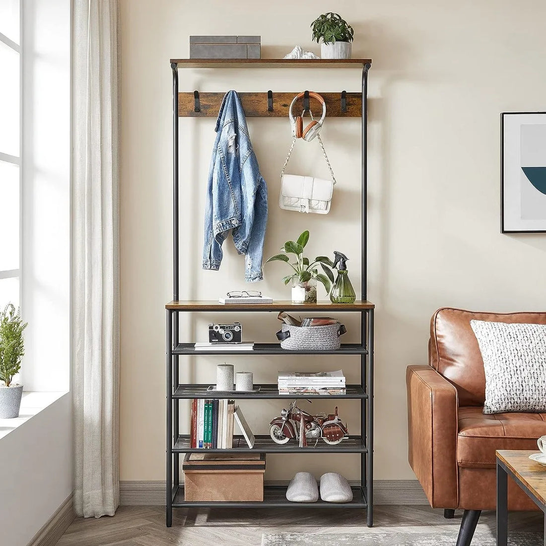 FurnStar - Kapstok met schoenenrek - Garderobe in industriële stijl - Bankje - Haken - Schoenenrek - Robuust metalen frame - 80×32.2×182cm - Bruin