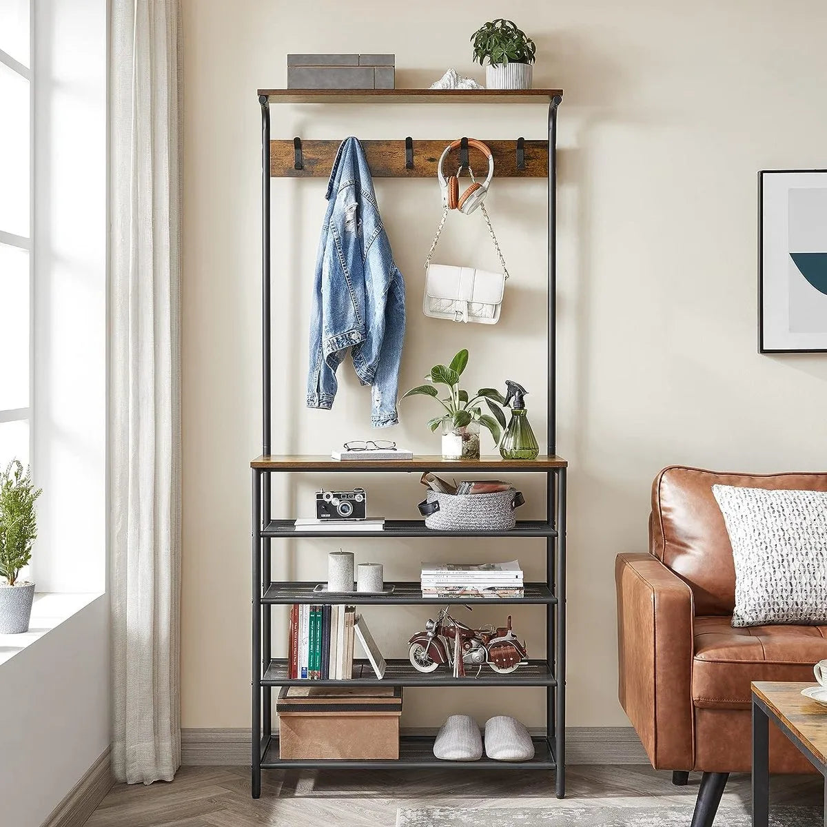 FurnStar - Kapstok met schoenenrek - Garderobe in industriële stijl - Bankje - Haken - Schoenenrek - Robuust metalen frame - 80×32.2×182cm - Bruin